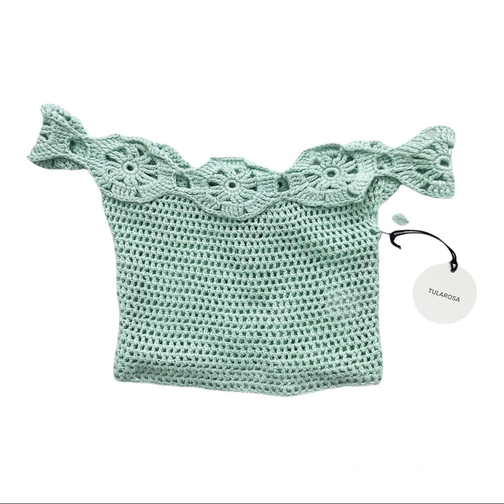 ❤️SOLD NWT Tularosa X Revolve Izzy Mint Crochet Knit Off Shoulder Tie Crop Top - Picture 4 of 11